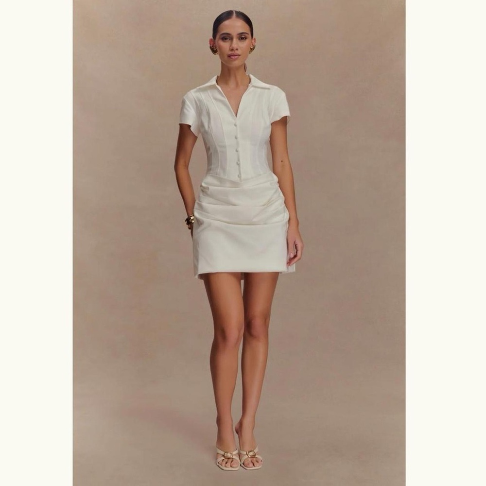 Meshki White Collared Ruched Mini Dress - Picture 3 of 9